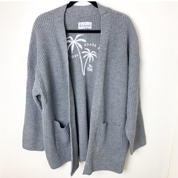 SOLD! THE BEACH PEOPLE Gray Twin Palms Chunky Knit Open Front Cardigan XL/2XL - Picture 2 of 16